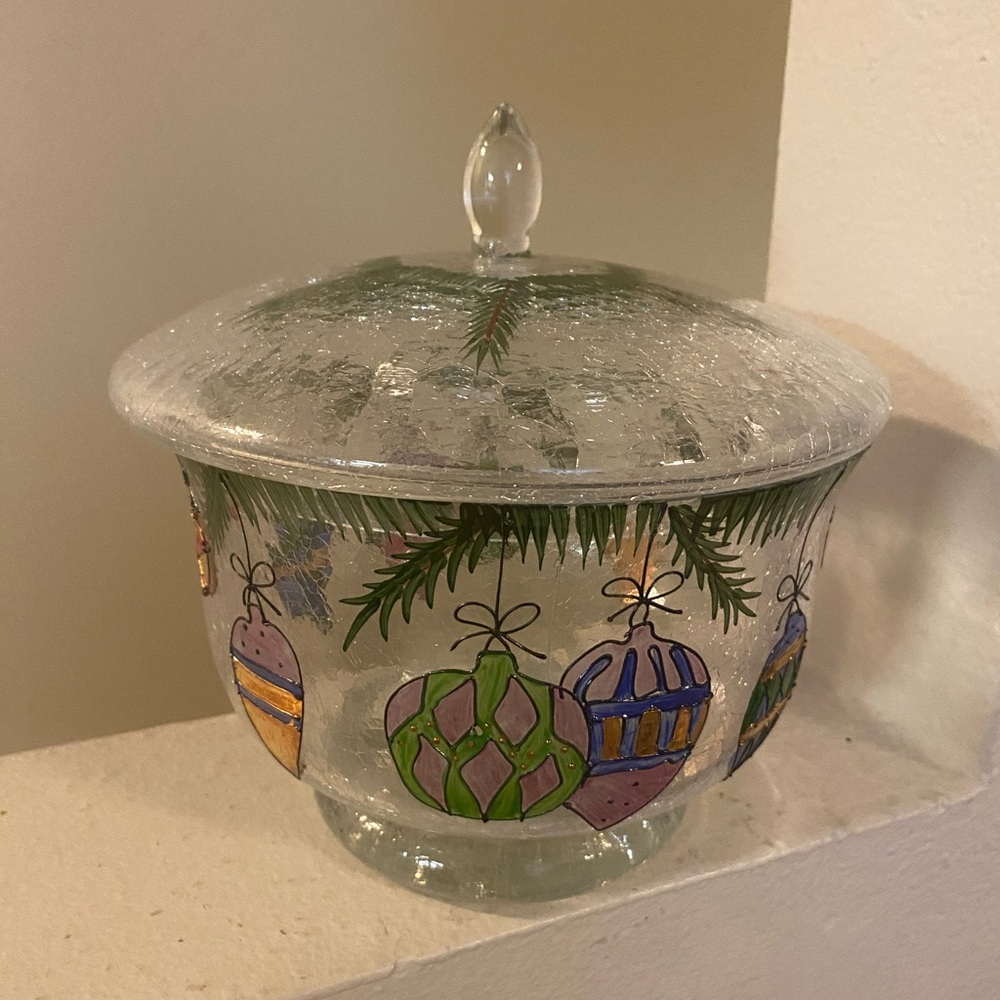 Handcrafted Crystal Glass Crackle Jar with Lid. Christmas. Made in Romania. NWT.